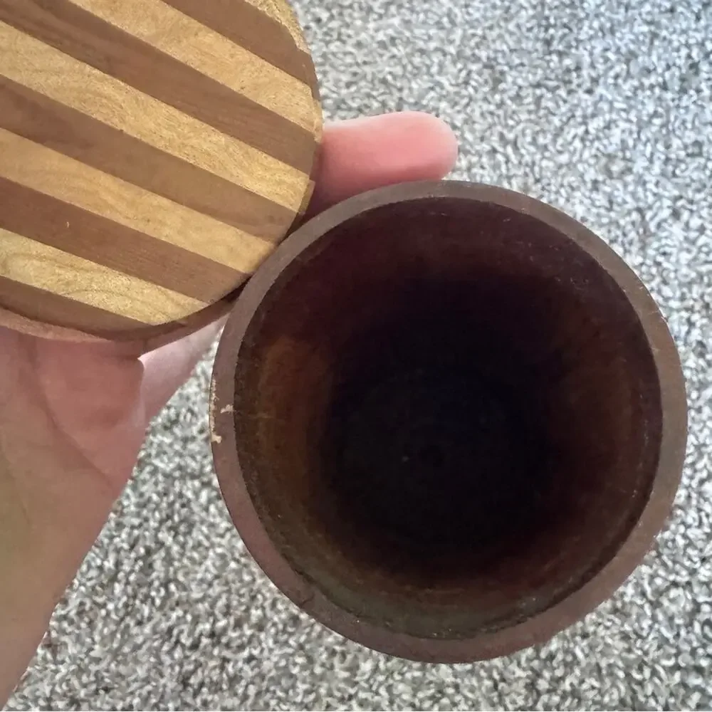Vintage 1940s Wood Inlay Lidded Vase Artist Signed Unique MCM Home Decor